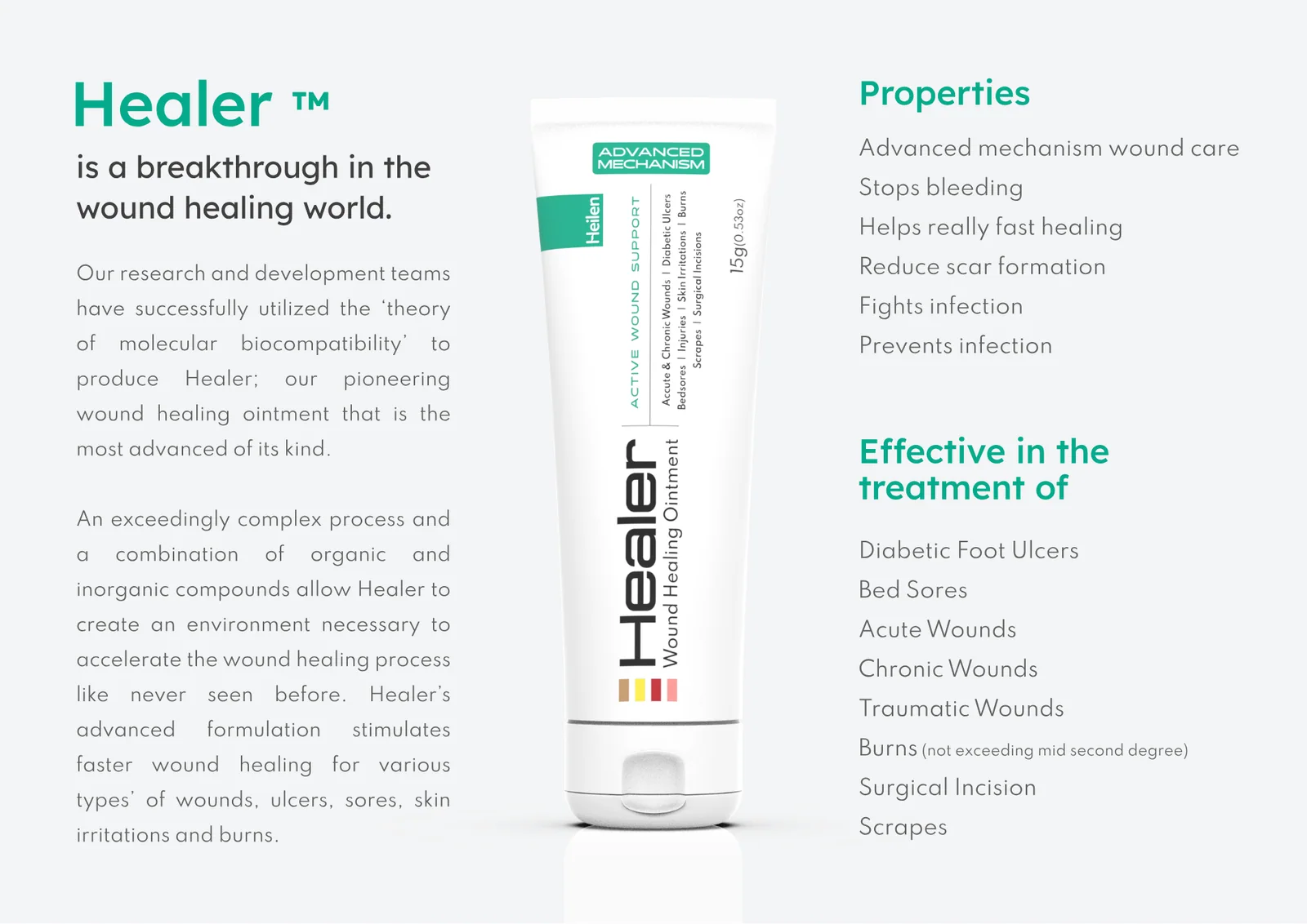 Healer product overview describing its properties and stated wound-care applications.