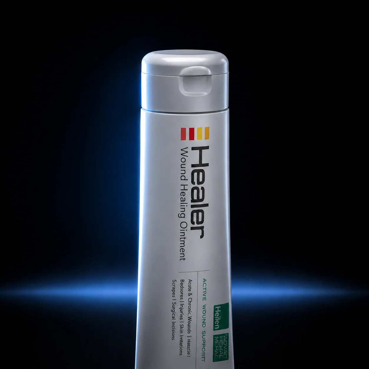 Healer wound-healing ointment against a dark background with a blue glow.