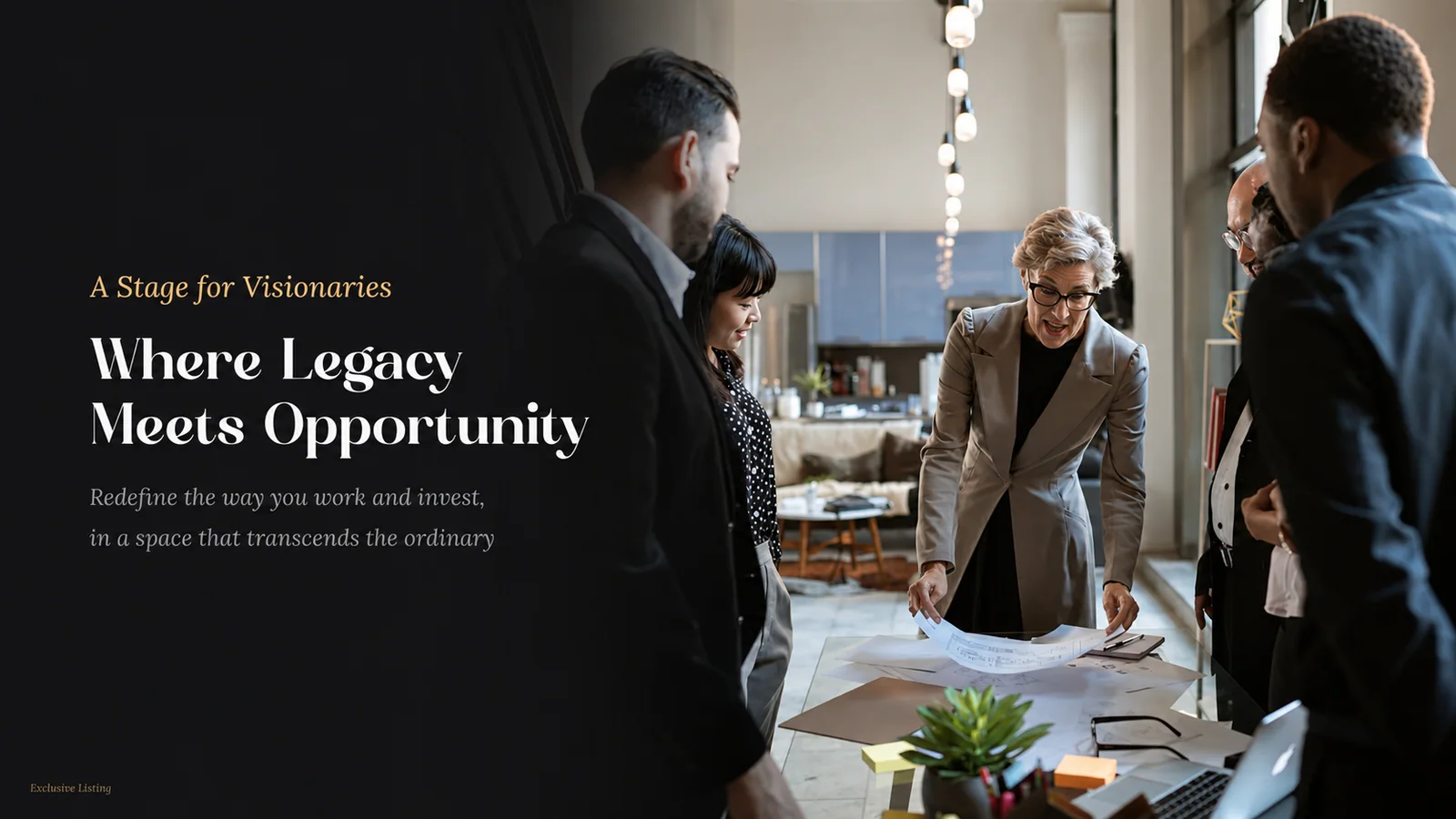 Opening presentation spread positioning the I Rise Tower opportunity as a stage for visionary businesses.