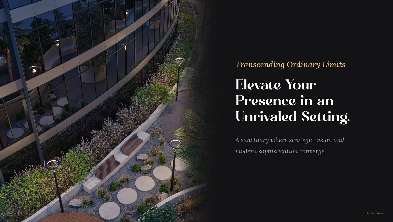 Presentation spread introducing the landscaped terrace and elevated working environment at I Rise Tower.