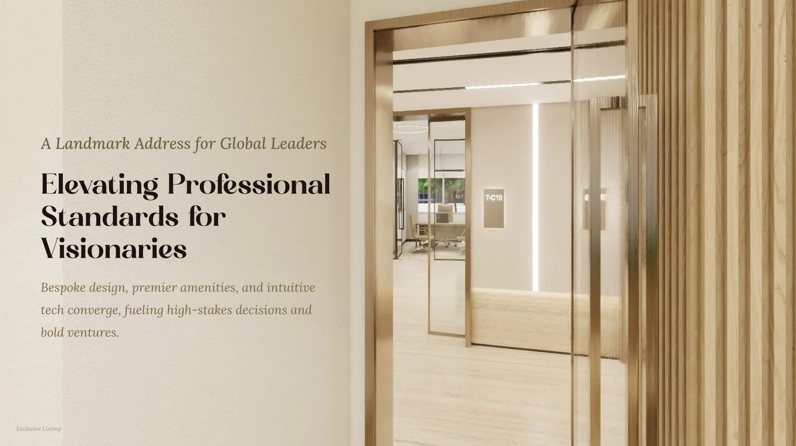 Presentation spread introducing the seventh-floor lift lobby and professional arrival experience.