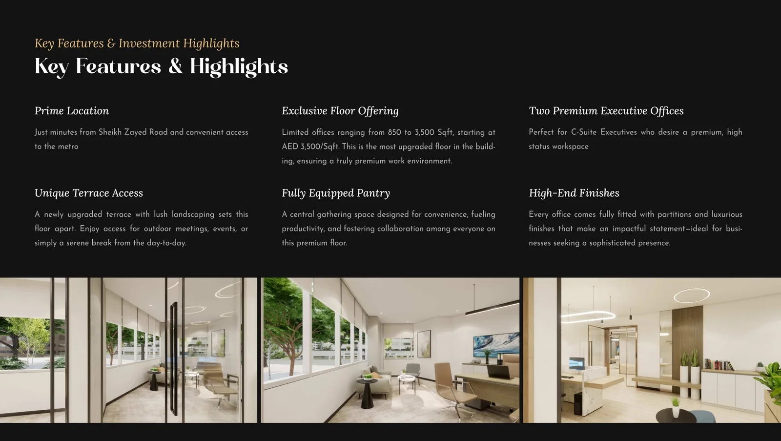 Key features and investment highlights spread combining property information and architectural imagery.