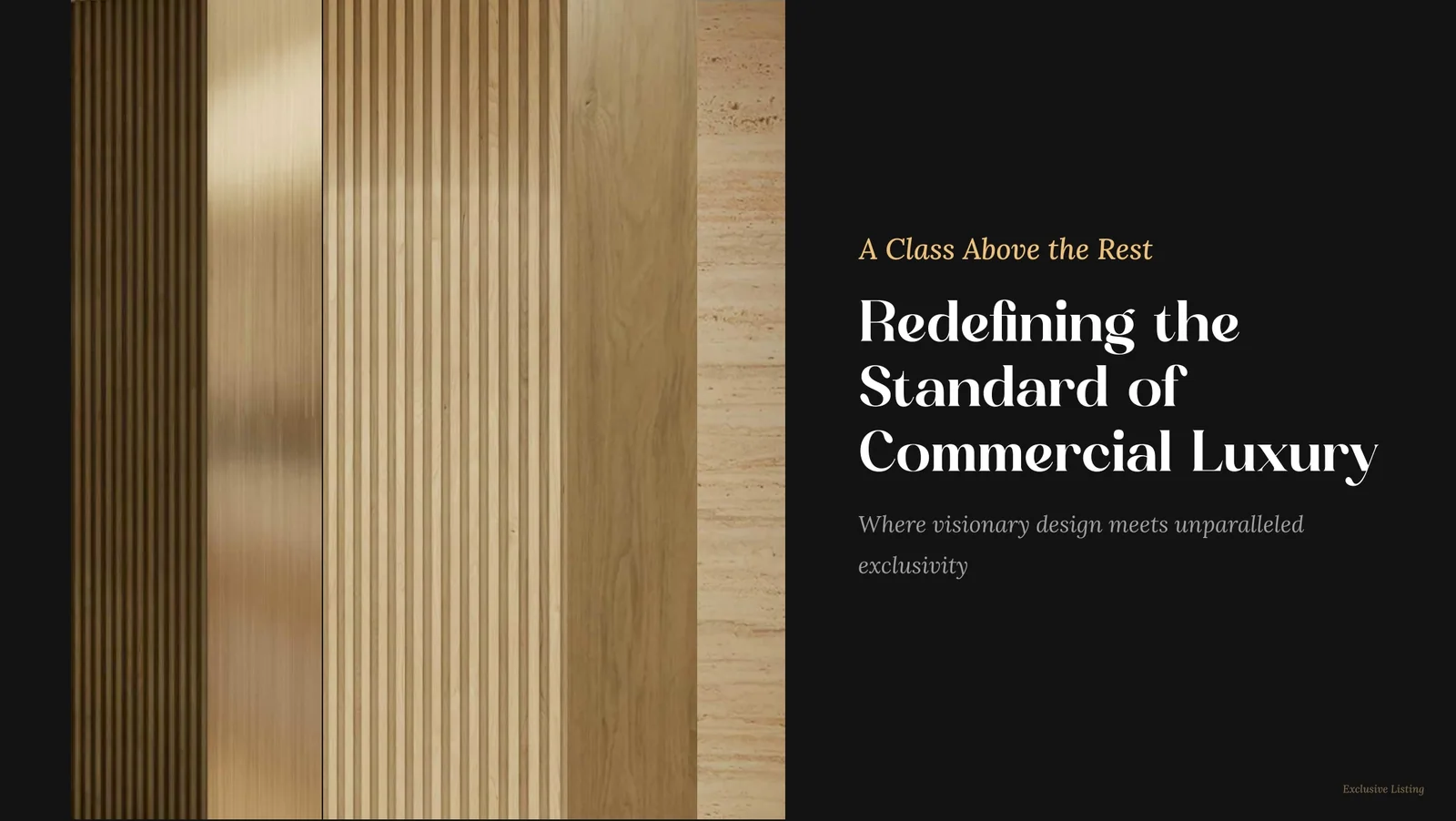 Editorial presentation spread pairing material detail with the commercial-luxury positioning.