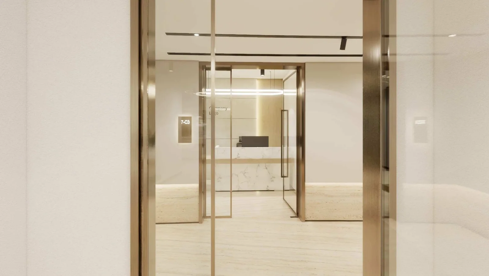 Architectural visualisation of the seventh-floor lift lobby and fitted commercial interior.