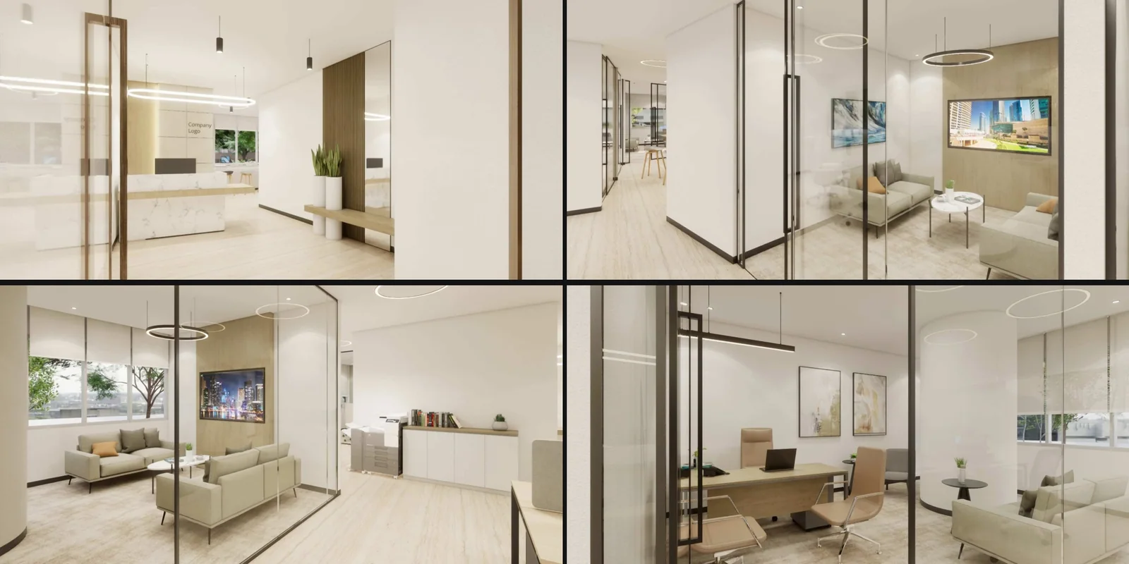 Interior visualisation montage showing meeting, lounge and working spaces at I Rise Tower.
