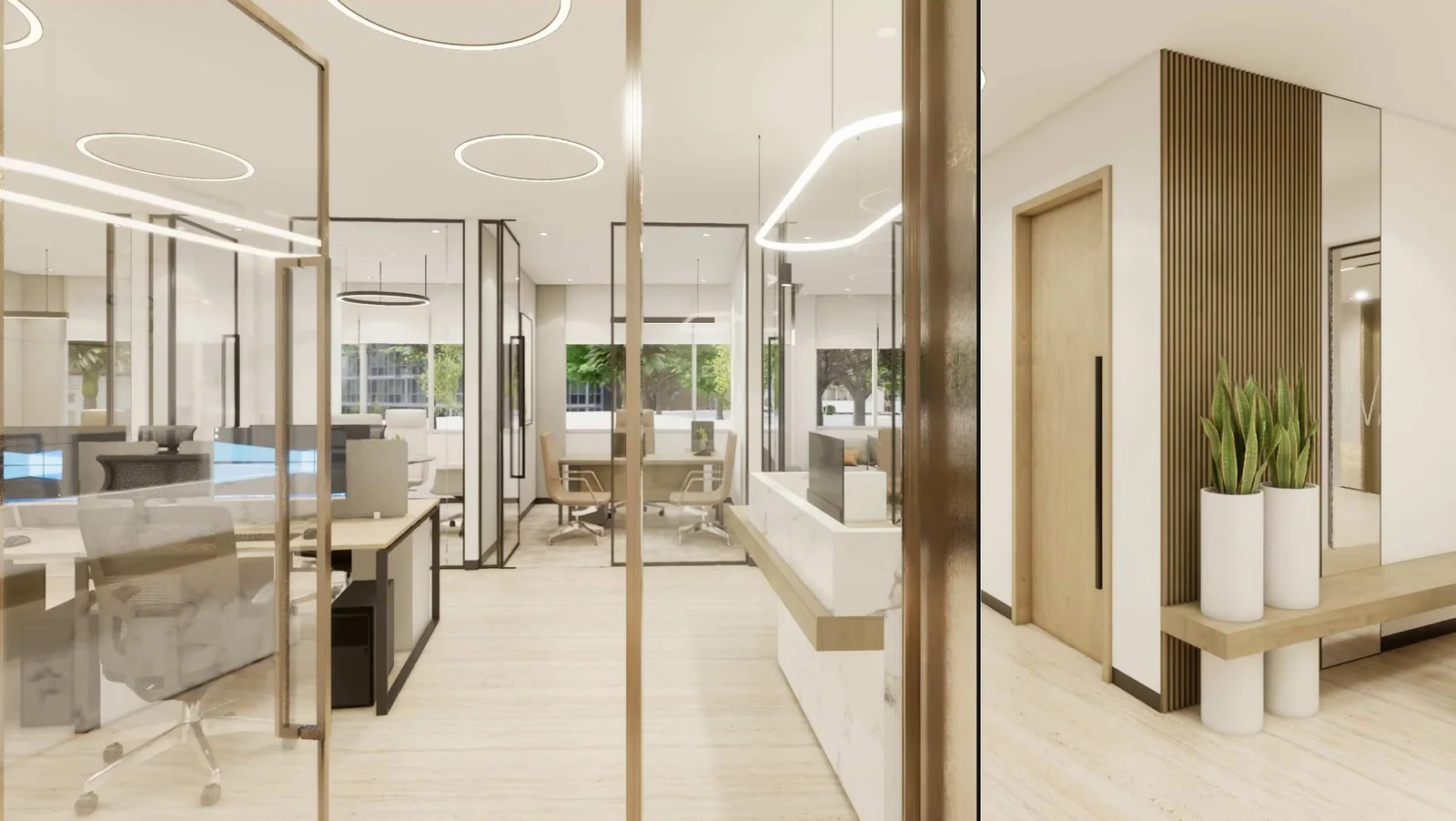 Architectural visualisation of the open fitted-office environment and glazed meeting spaces.