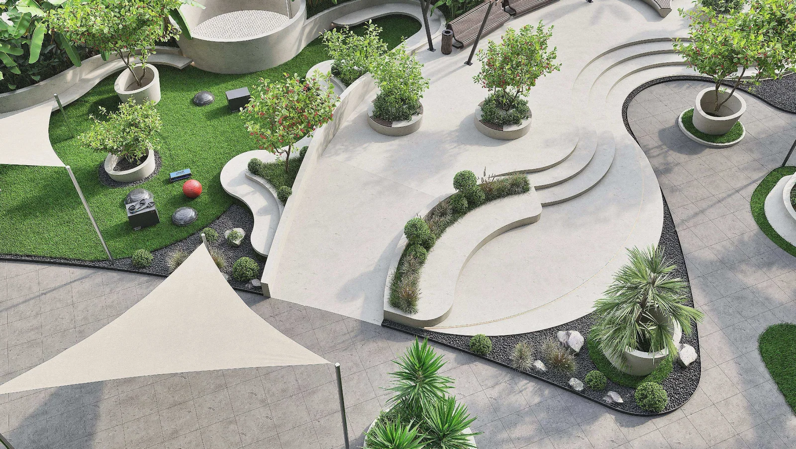 Daytime architectural visualisation of the landscaped terrace and sculpted seating.