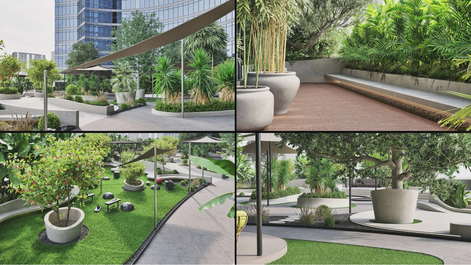Montage of landscaped terrace visualisations showing planting, seating and circulation.