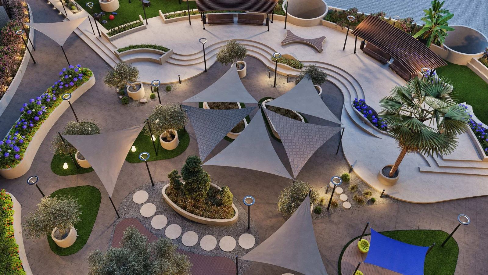 Evening aerial visualisation of the landscaped I Rise Tower terrace.