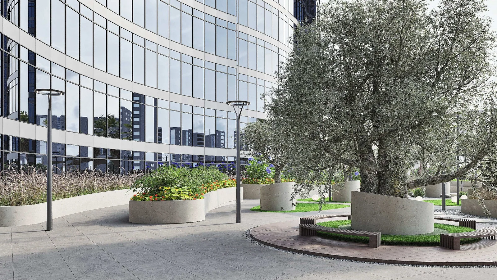 Architectural visualisation of terrace planting and seating beside the I Rise Tower facade.