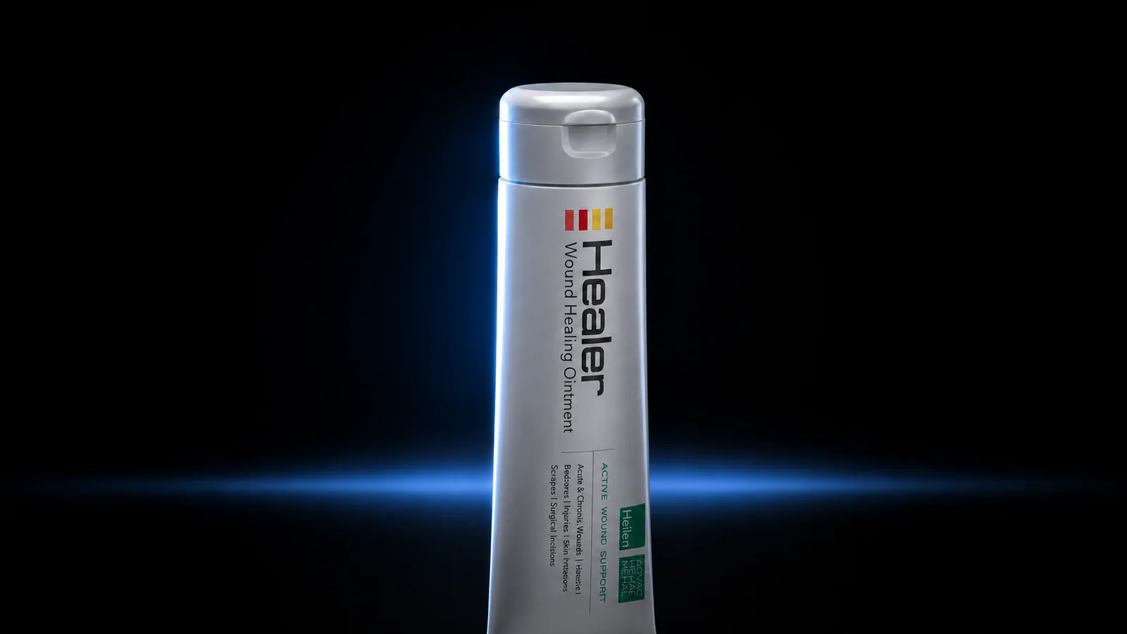 Healer wound-healing ointment against a dark background with a blue glow.