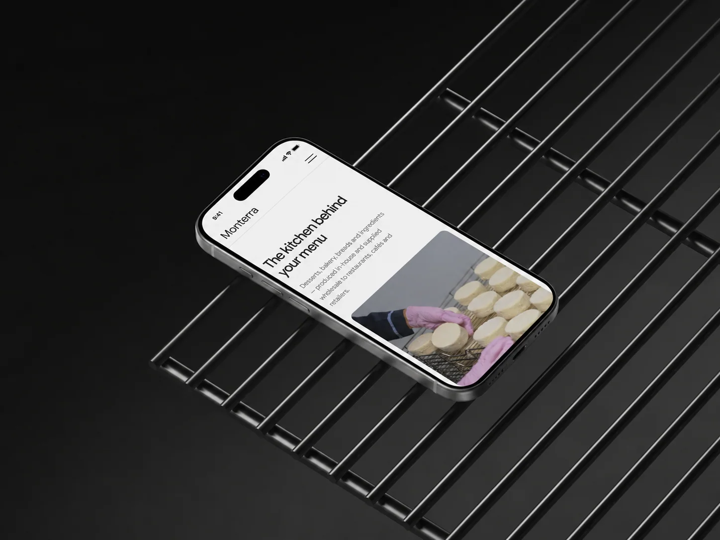 Monterra Foods digital experience shown on a phone in a commercial kitchen setting.